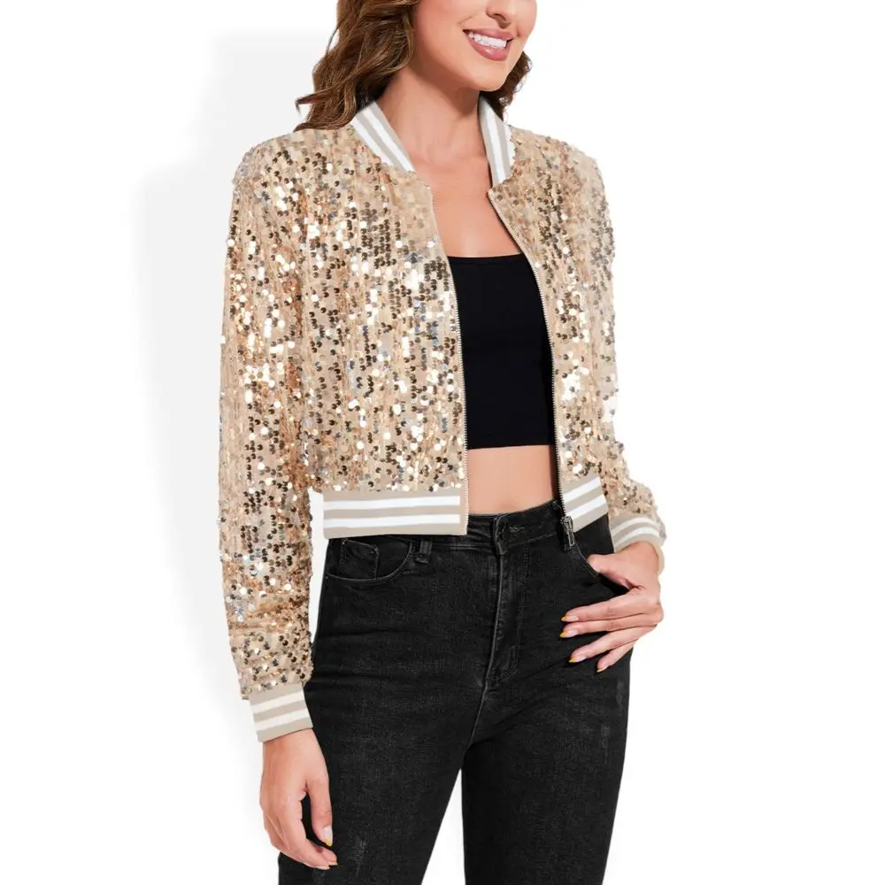 Anna-Kaci Women's Sequin Bomber Jacket with Striped Ribbed Trim and Zip Front- Small Champagne