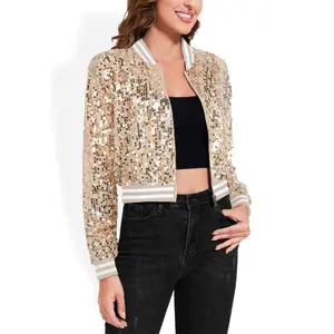 Anna-Kaci Women's Sequin Bomber Jacket with Striped Ribbed Trim and Zip Front- Small, Champagne