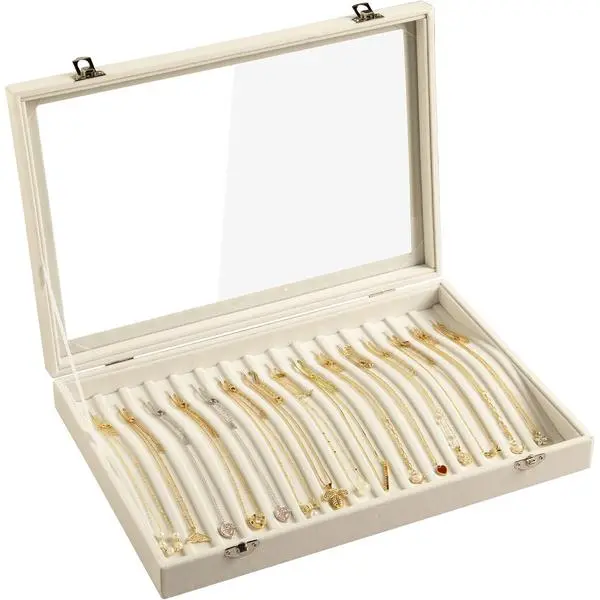 15 Hooks Necklace Tray Velvet Neckalce Organizer with Clear Lid Lockable Necklace Holder Box Jewelry Organizer for Pendants Chains Necklace Jeweley Tray for Women Girls(Beige)