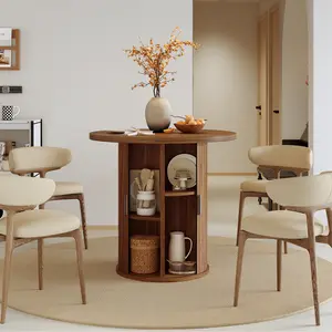 Round Wooden Coffee Table with Built‑in Storage Cabinet, Modern Living Room Center Table
