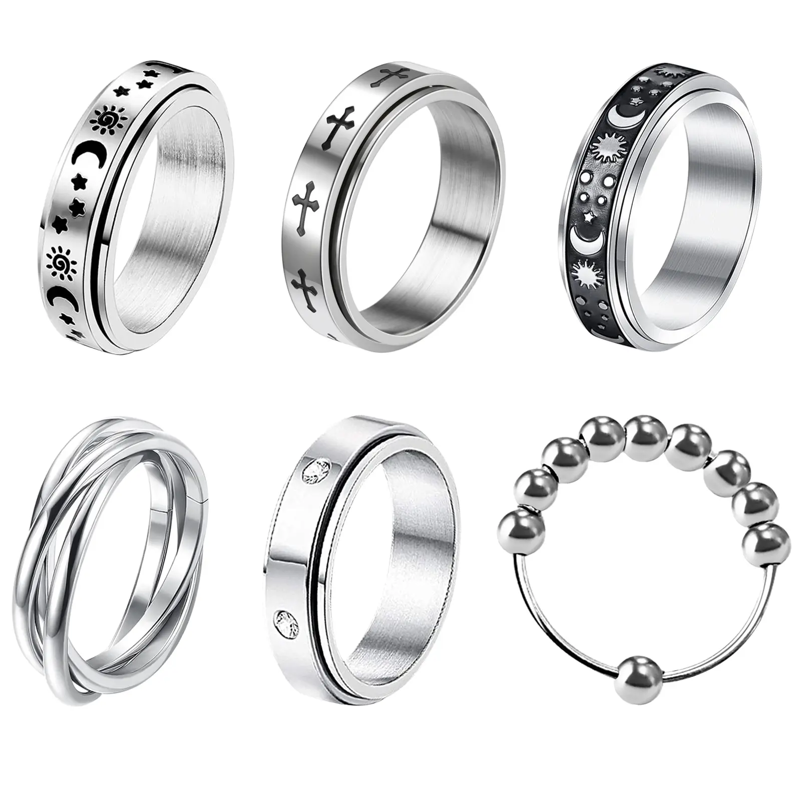 OIDEA 6PCS Stainless Steel Silver Single Row Couples Spinner Rings, Anxiety Fidget Rotating Bead Moon Stackable Rings for Wedding & Birthday Gifts, Single Row Rings