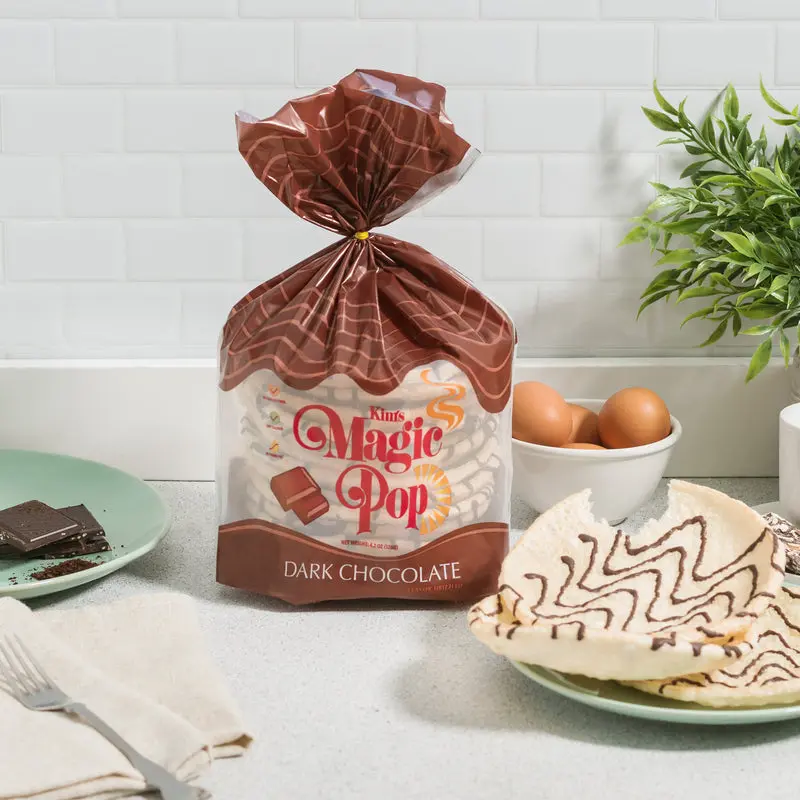 Kim's Magic Pop - Dark Chocolate Flavor Drizzled | 6 Bags | 12 Cakes per Bag | Low Carb, Crispy, Crunchy, No Trans Fat, All Natural, Multigrain Korean Snack | Easy Bread, Chip, Cracker Replacement
