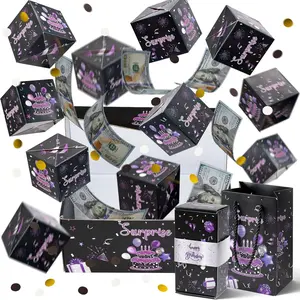 Surprise Gift Box Exploding for Money, 12 Bounces Money Boxes Explosion with Confetti, Purple Black Pop Out Cash Holder for Mother's Day Birthday Gift