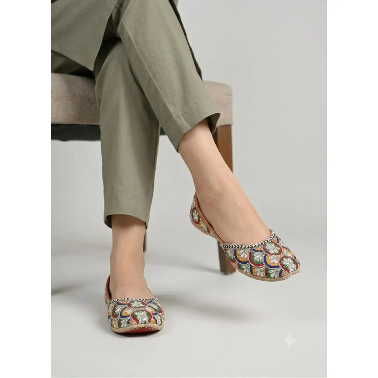 Handmade Thread-Work Embroidered Traditional Art Ankle Khussa Shoe - Slip-On, Closed-Toe Fabric Footwear, Artisanal All-Seasons Fashion No-Frills Traditional Wear