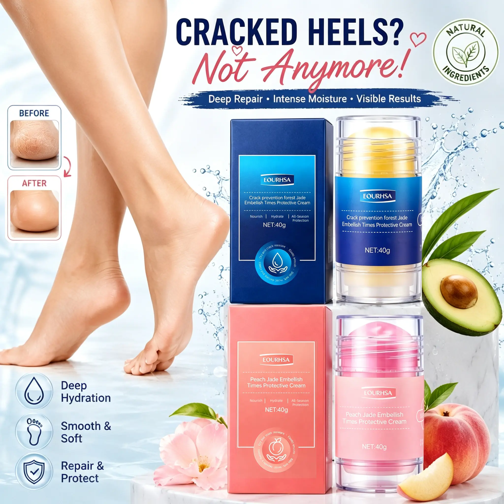 Anti-Crack Hand & Foot Balm Stick 40g, Deep Moisturizing Repair Stick for Severe Cracked Heels, Dry Cracked Feet, Elbows & Knees, Soften Dead Rough Skin, Portable Foot Care Stick, Pink & Blue
