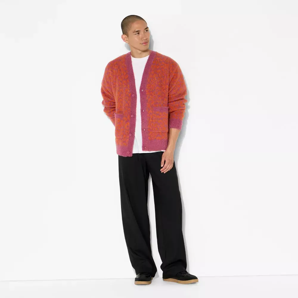 Men's Oversized Cardigan Sweater Original Use Berry Print M Casual Fabric V-Neck Long Sleeves Jacquard Knit Recycled Polyester Full-Length Button-Down Front Ribbed Edges Front Pocket Garment