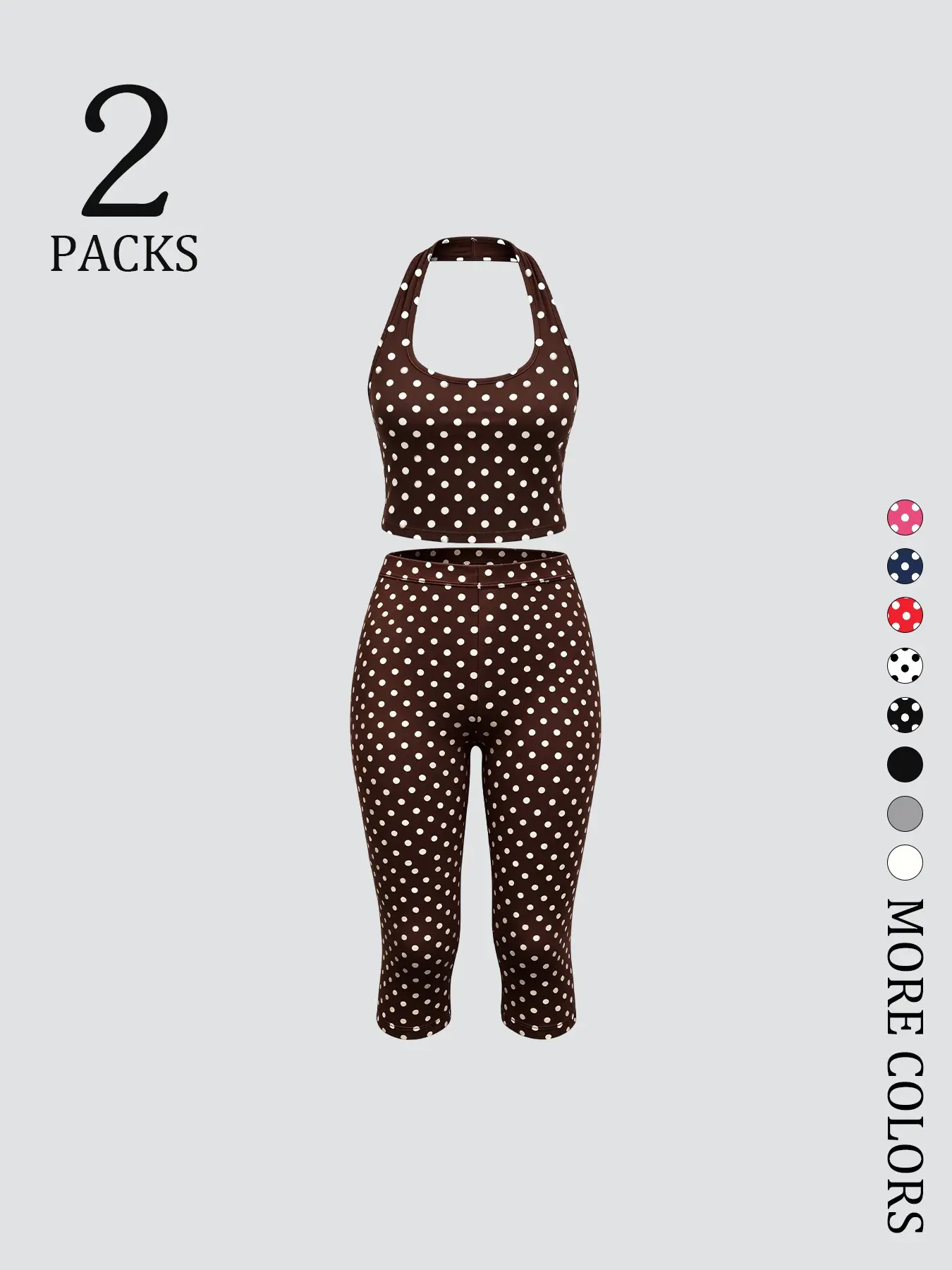 Women's 2 Pack Polka Dot Workout Set, Halter Crop Tank & High Waist Capri Leggings, Tummy Control Yoga Outfit, Butt Lifting Activewear for Gym Casual