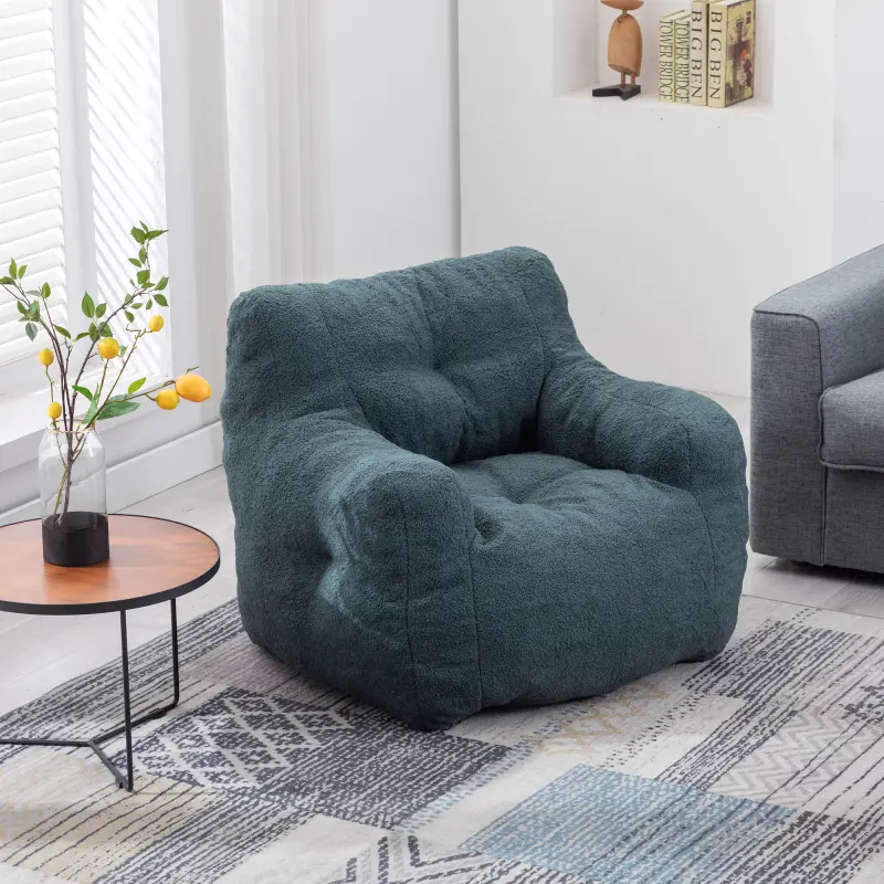 Soft Teddy Fabric Tufted Foam Bean Bag Chair With Teddy Fabric Green,High end and high-quality,Moisture absorbing and breathable, thick and wear-resistant, comfortable for prolonged sitting,Modern minimalist style,for Living Room or Bedroom, 39.37*37.00*2