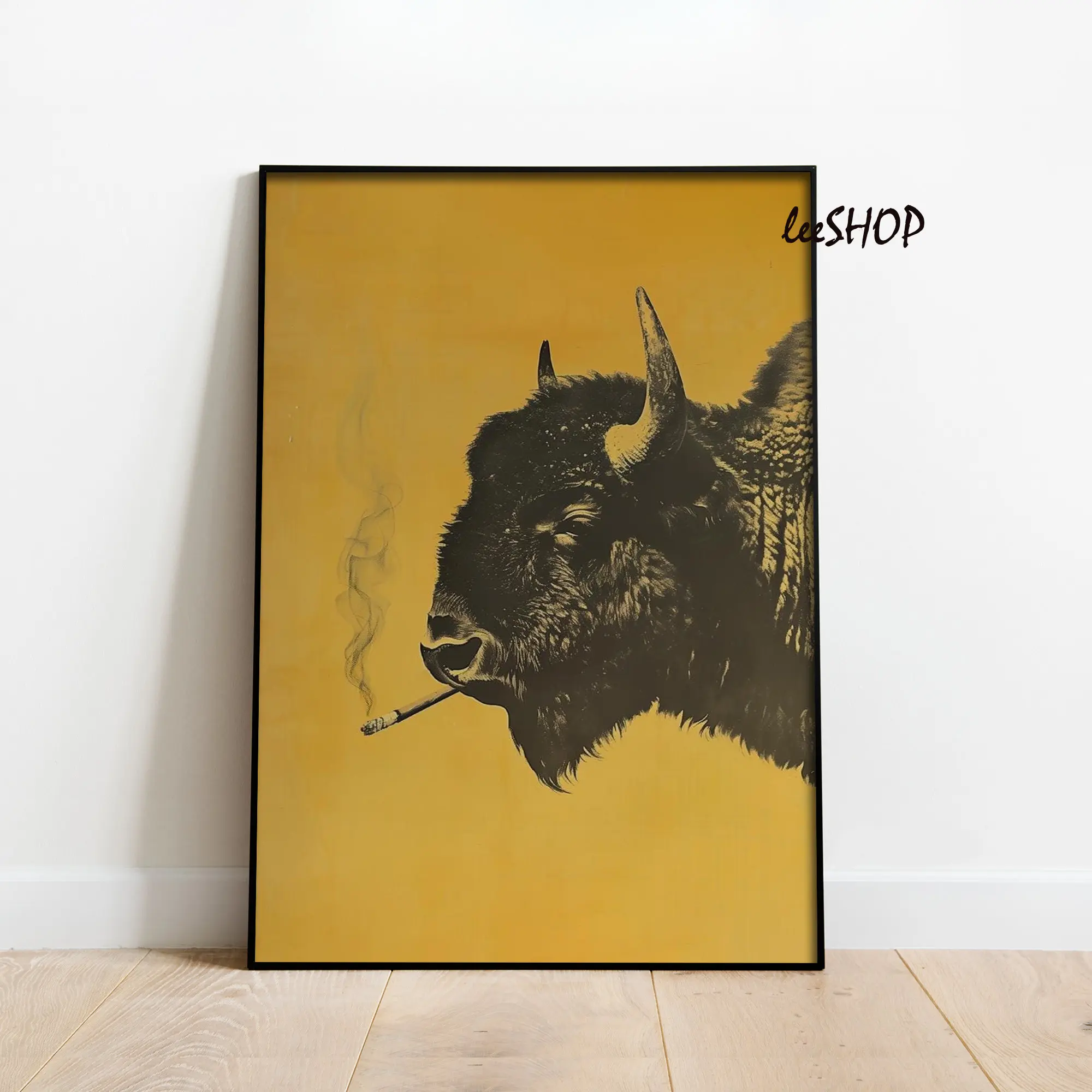 Bison Smoking a Cigarette Vintage Poster Art Funny Buffalo Retro Whimsical Print Cabin Wall Decor Outdoor Sports Hunter Illustration room poster Frames Glossy