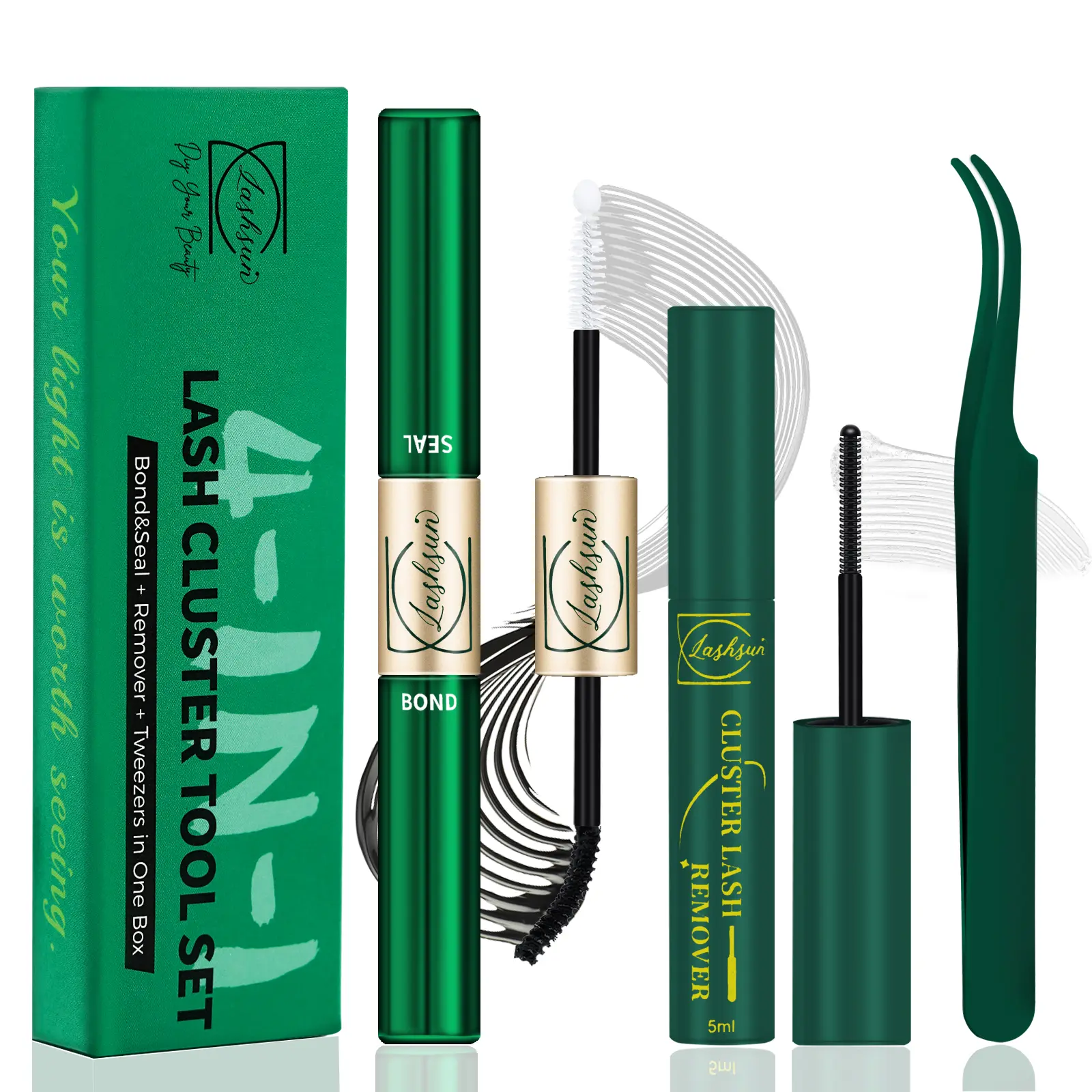 Lashsun 4-in-1 Lash Cluster Glue Kit with Bond & Seal, Remover, and Tweezers for DIY Easy Lash Clusters at Home - Long-Lasting Waterproof Cosmetic Makeup
