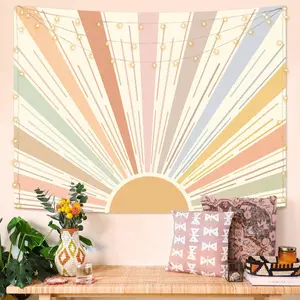 Boho Sun Tapestry Wall Hanging, Retro 70s Abstract Striped Aesthetic Sunrise Vintage Tapestries for Bedroom Living Room