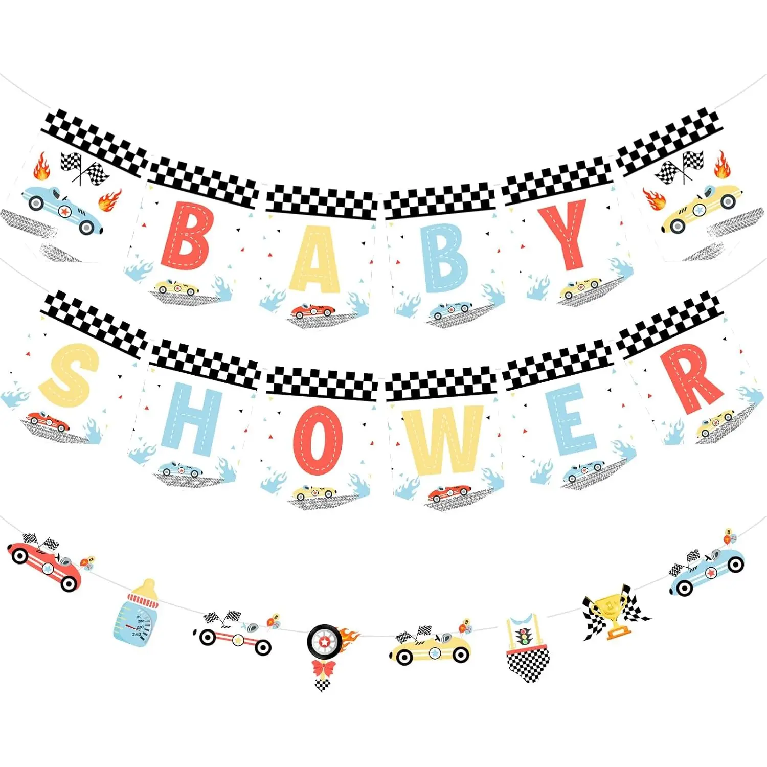1Set Race Car Baby Shower Decorations PreStrung Vintage Race Car Baby Shower Banner and Garland Vintage Race Car Party Supplies Favors for Lets Go Racing Party Supplies
