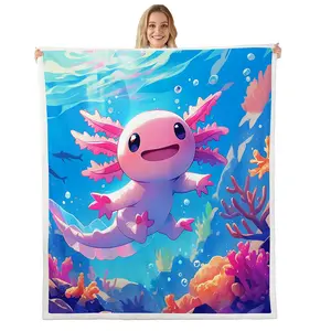 Cute Cartoon Axolotl Baby 30"X40" Throw Blanket Pink Kawaii Axolotl Fleece Blanket Ocean Animal Salamander Sherpa Blanket For Kids Boys Girls Bed,Wildlife Sea Coral Blue Flannel Blanket
