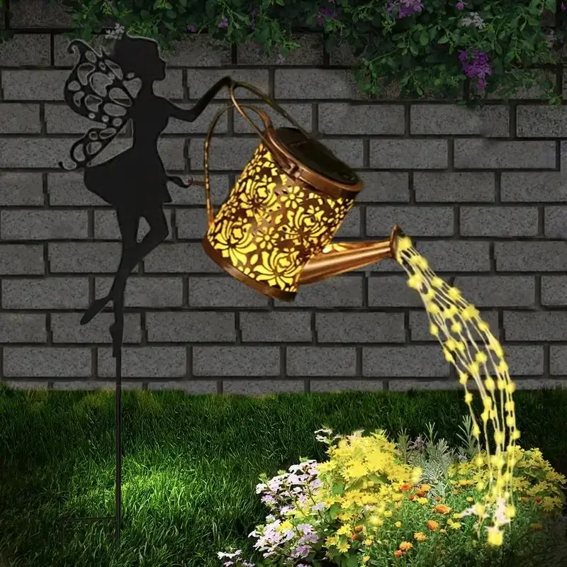 Solar Light Outdoor, Solar Powered Watering Can with Waterfall Light, Waterproof Garden Light, Iron Hanging Lantern, Garden Decor Lights for Lawn Path