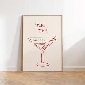 Martini Print Bar Art Print Minimalist Cocktail Poster Red Bar Cart Wall Art