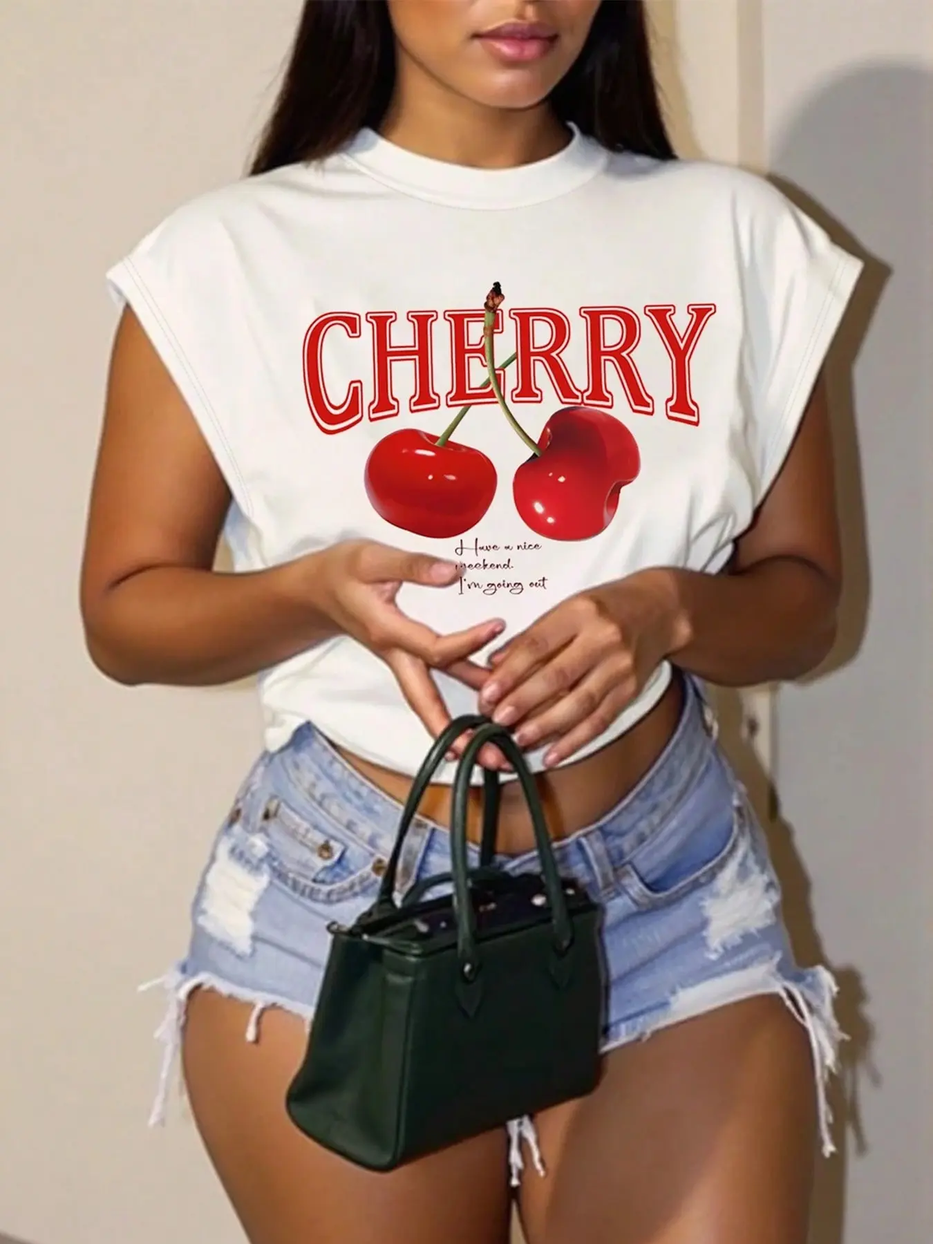 Women's Casual Cropped Crew Neck Top, Cute Letter & Cherry Print T-Shirt, Ideal For Summer Streetwear And Vacation Outfits