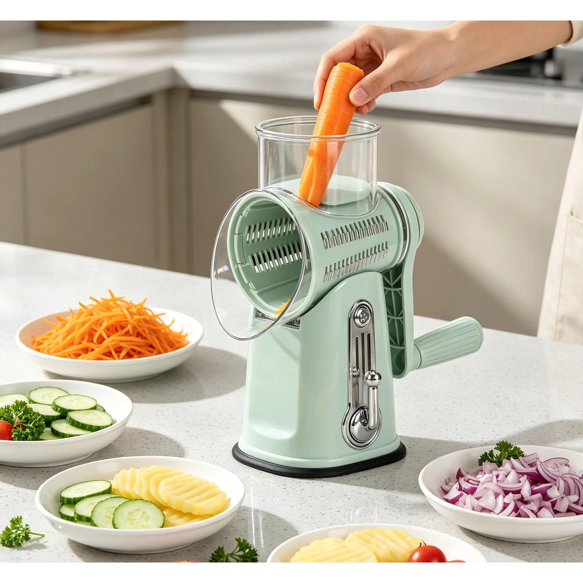 Easy Clean 5-in-1 Hand Crank Food Grater, Detachable Structure, Multi Blades for Fruit, Veggies & Chocolate, Ideal Tool for Baking & Daily Cooking