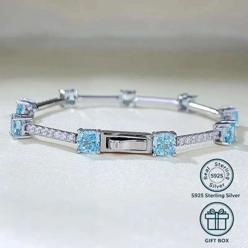 Women's S925 Solid Sterling Silver Bracelet, 5×5mm Ice-Flower Cut Aquamarine & High-Carbon Diamond, Hidden Spring Box Clasp, Hypoallergenic, Delicate Stackable Daily Wrist Jewelry