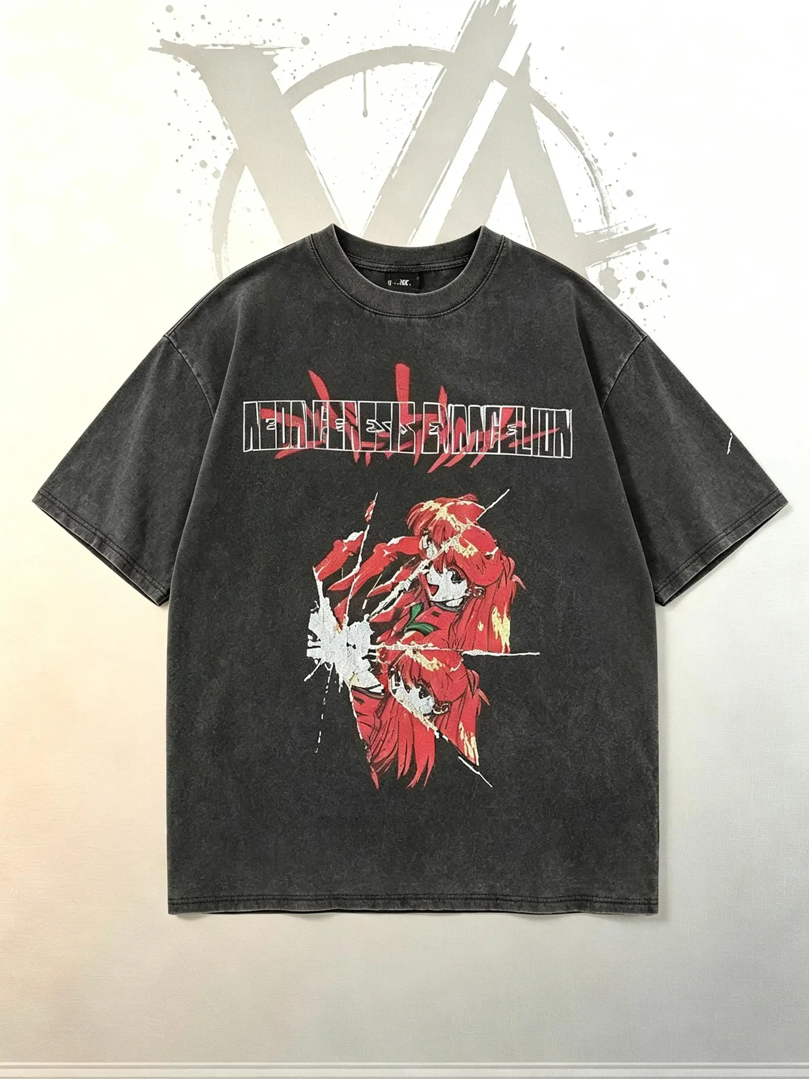 [AVT] Neon Genesis Evangelion Asuka Graphic Print Menswear Round Neck Short-Sleeve Oversized Cotton Top, Unisex Retro Mecha Anime Loose Crewneck Tee, Casual Collectible Merch Gift For EVA Otaku Fans, Shortsleeve, Streetwear