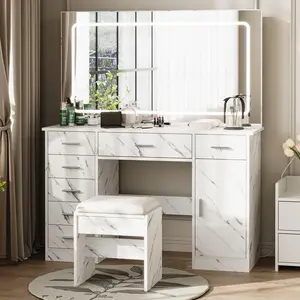 Modern Vanity Desk with Large Mirror, 7 Drawers, Lights, Chair, Adjustable 3 Light Modes, Hairdryer Holder, Charging Station, Bedroom Dressing Table