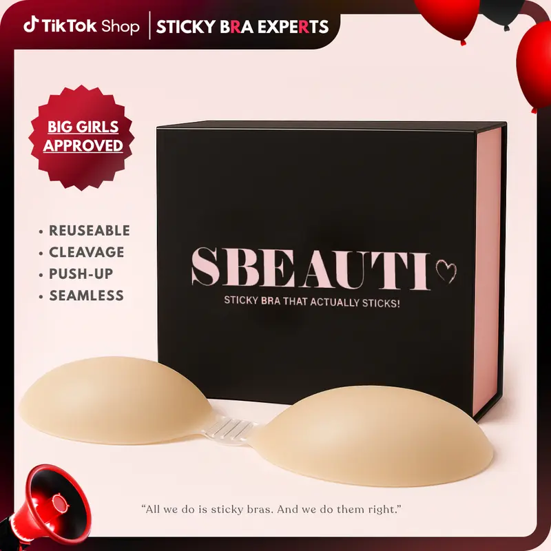SBEAUTI Women's G-Size Classic Silicone Puff Sticky Strapless Bra Push Up - Basic All Seasons Adhesive, Sweatproof Soft Backless Invisible Reusable, Replaceable Pads, Hand Wash for Party, Wedding (Deep V, Low Cut, Off-Shoulders)