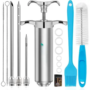 Marinade Injector  Kit & Brush Set, Stainless Steel Meat Injector with 3 Professional , 2-oz Large Capacity, Creates Tender Meat & Poultry Flavor, for BBQ Grill  & Turkey & Brisket