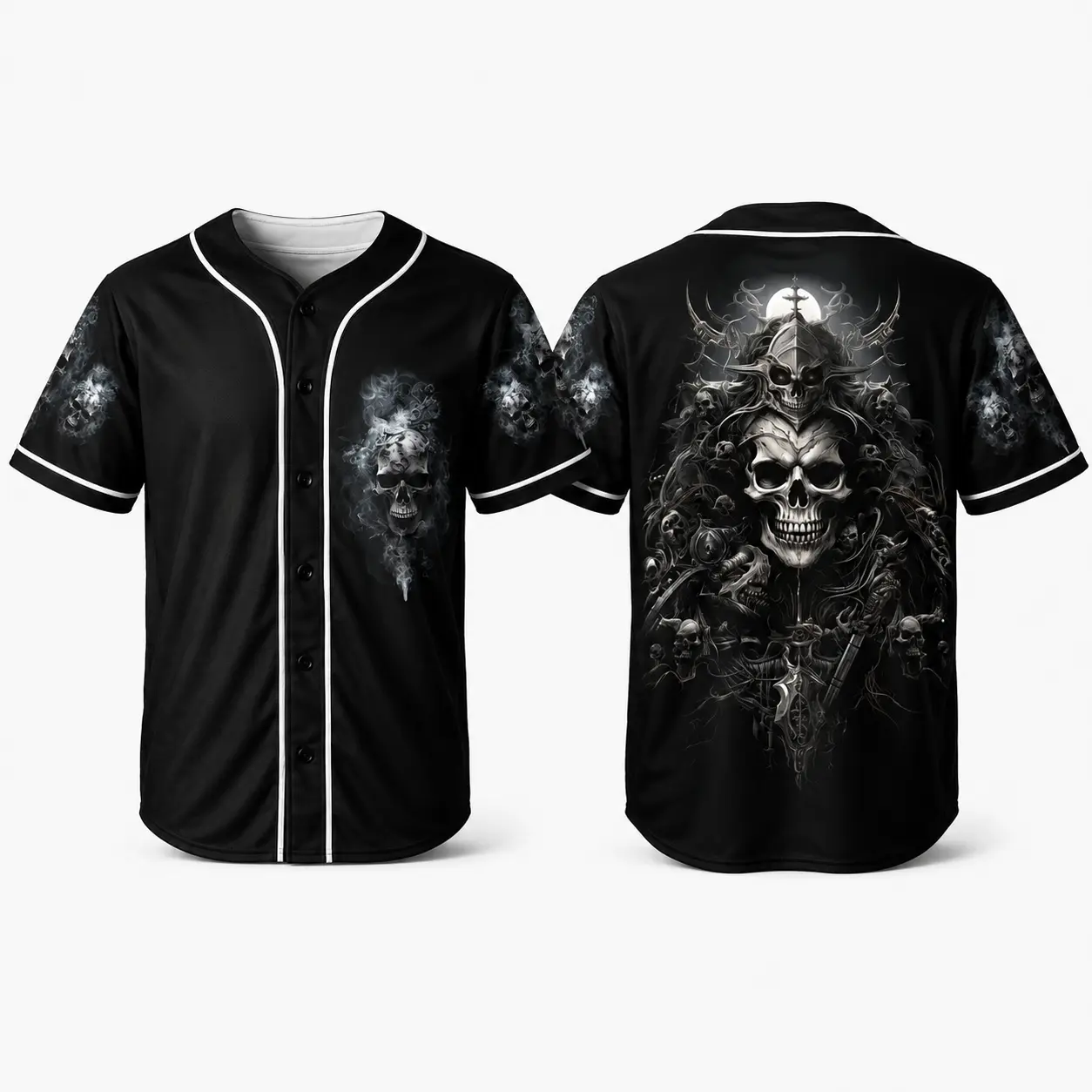 Gothic Skull Baseball Jersey, Dark Fantasy Skeleton Graphic Button-Up Shirt, Unisex Alternative Streetwear Top, Halloween Gift