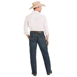 Rock & Roll Cowboy Men's Dark Wash Double Barrel Pleather Emblem Stackable Boot Cut Jeans BMTBD08006