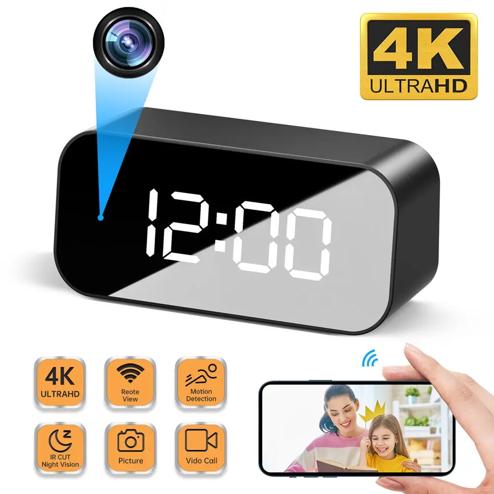 4K HD WIFI Clock & Camera Combo Ultra-small Remote Camera with Infrared Night Vision & 166-degree Wide-angle Lens for Home Office Surveillance