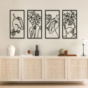 Black Metal Wall Decor, Abstract Woman Wall Art, Minimalist Line Wall Decor, Modern Aesthetic Metal Wall Art for Bedroom Bathroom Living Room (4 Pcs, 17 x 9 in)