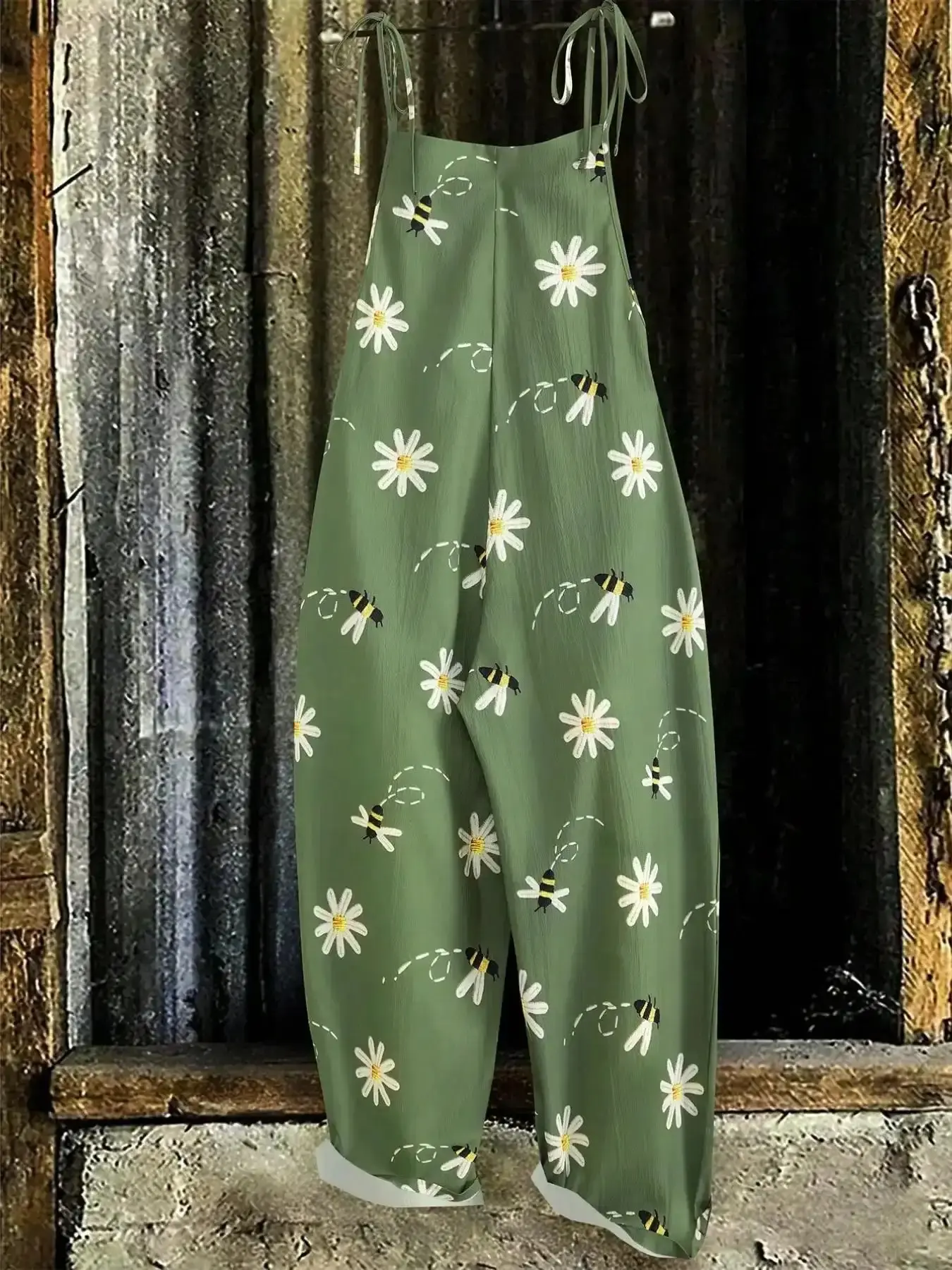 Plus Size Bee and Daisy Embroidered Jumpsuit, Casual Sleeveless Wide-Leg Style for Summer Parties and Vacations, Bohemian Relaxed-Fit Dungarees, curve friendly, inclusive fit, one-piece wonder, effortless chic