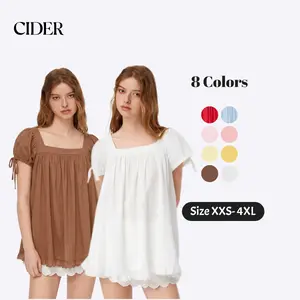 Cider Square Neck Solid Ruffle Knotted Short Sleeve Blouse - Casual Summer Top with Puff Sleeves and Fitted Fit