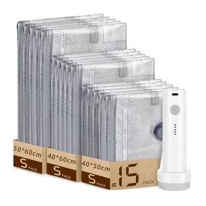 15-Pack Set Travel Vacuum Storage Bags with USB Rechargeable Pump, Space Saving Compression Bags for Clothes, Durable Ziplock Seal, S/m/l Sizes