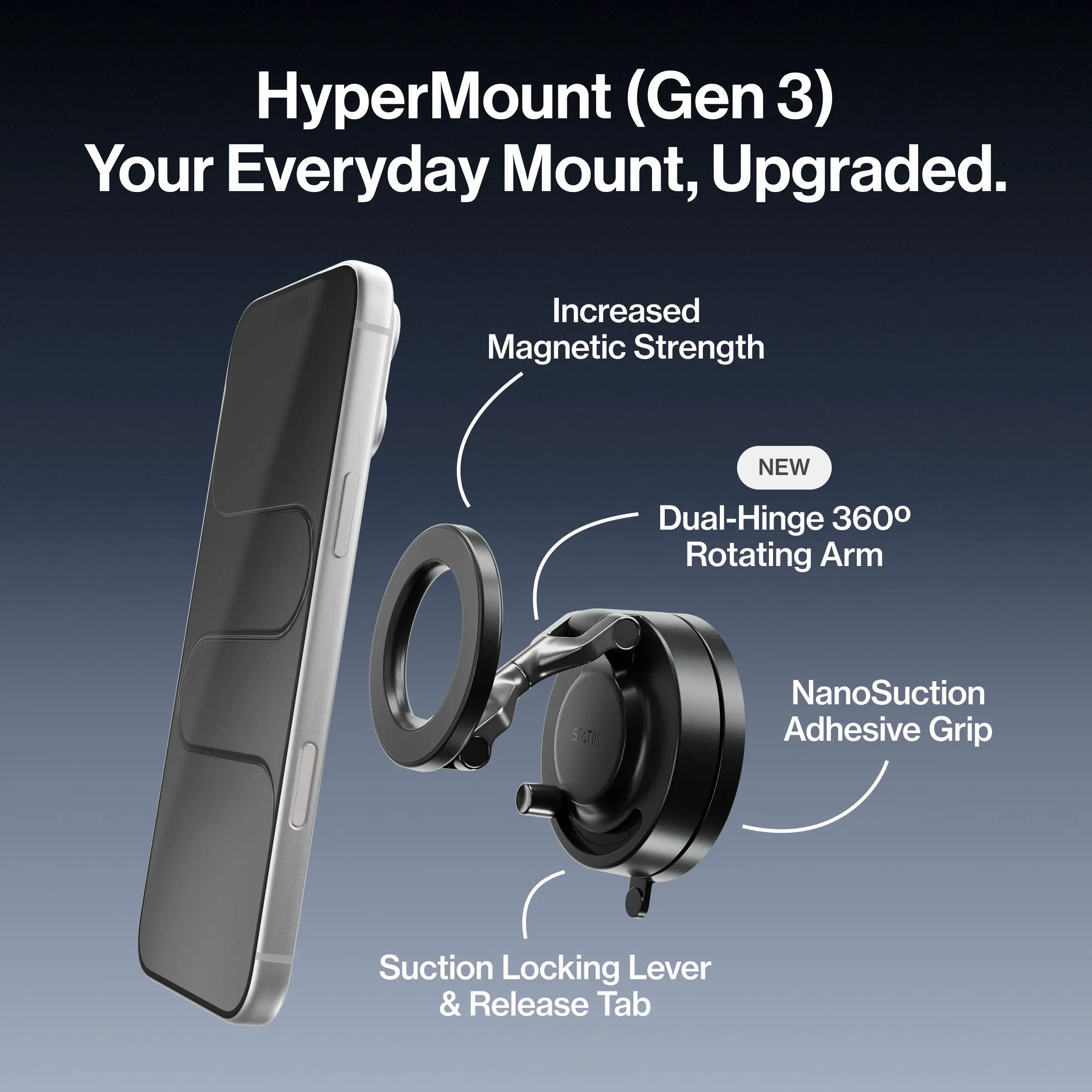 STATIK HyperMount: Phone Mount | NanoSuction & MagSafe | 360 Degree Adjustable | Holds Up to 88 lbs | Never Blocks Air Vents | iPhone 12 and Newer & Android