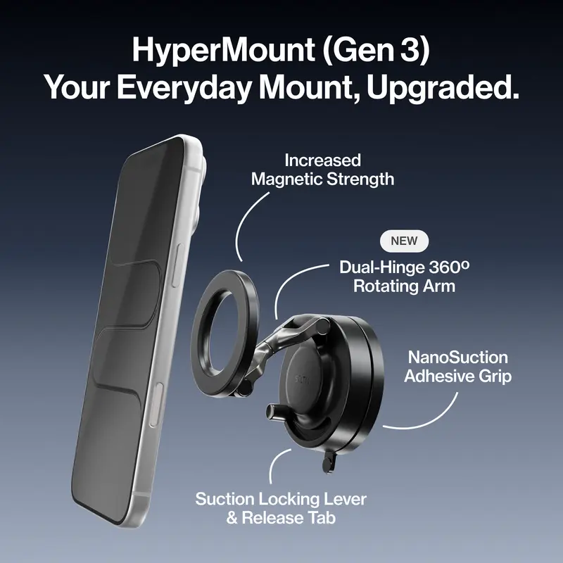 STATIK HyperMount: Phone Mount | NanoSuction & MagSafe | 360 Degree Adjustable | Holds Up to 88 lbs | Never Blocks Air Vents | iPhone 12 and Newer & Android