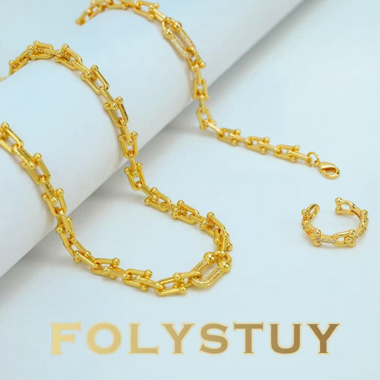[FOLYSTUY (Y154)]19.6 Inch 8mm Paperclip Chain Jewelry Set, Necklace Bracelet Ring 3Pcs Set with Extension Chain, Minimalist U Link Chain Jewelry for Women Men, Everyday Wear Gift