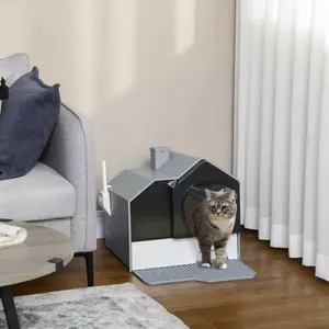 Fully Enclosed Cat Litter Box with Double Doors (Front + Top), Gray, Pull Out Bottom Tray, Includes Scoop, Prevents Litter Splash, for Kittens and Small Cats, 18.75"L x 14"W x 14.5"H