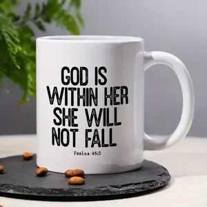 1pc Set, 11oz Inspirational Psalm 46:5 Ceramic Coffee Mug with Pink Handle and Rim - "God is Within Her, She Will Not Fall" Bible Quote - Dishwasher Safe, Perfect for Office, Home, Birthday, Anniversary Gifts