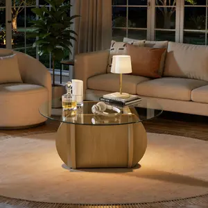 Round Glass Coffee Table with Curved Wood Base, Modern Oval‑Top Coffee Table, Walnut & Natural Wood Accent Table for Living Room