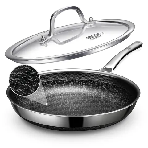 SNOWCLAD 12-Inch Multifunctional Nonstick Skillet with Lid - 3-Layer Stainless Steel, Snowflake Hybrid Design, Non-Toxic, Fast Uniform Heat, Precision Cooking, All-Cooktop Use, PFOA-Free, Dishwasher Safe, High Magnetic Conductivity Impact-Bonded Bases