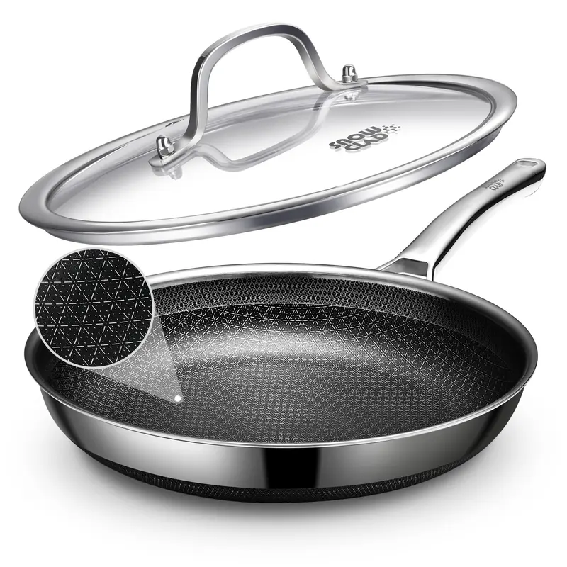 SNOWCLAD 12-Inch Multifunctional Nonstick Skillet with Lid - 3-Layer Stainless Steel, Snowflake Hybrid Design, Non-Toxic, Fast Uniform Heat, Precision Cooking, All-Cooktop Use, PFOA-Free, Dishwasher Safe, High Magnetic Conductivity Impact-Bonded Bases