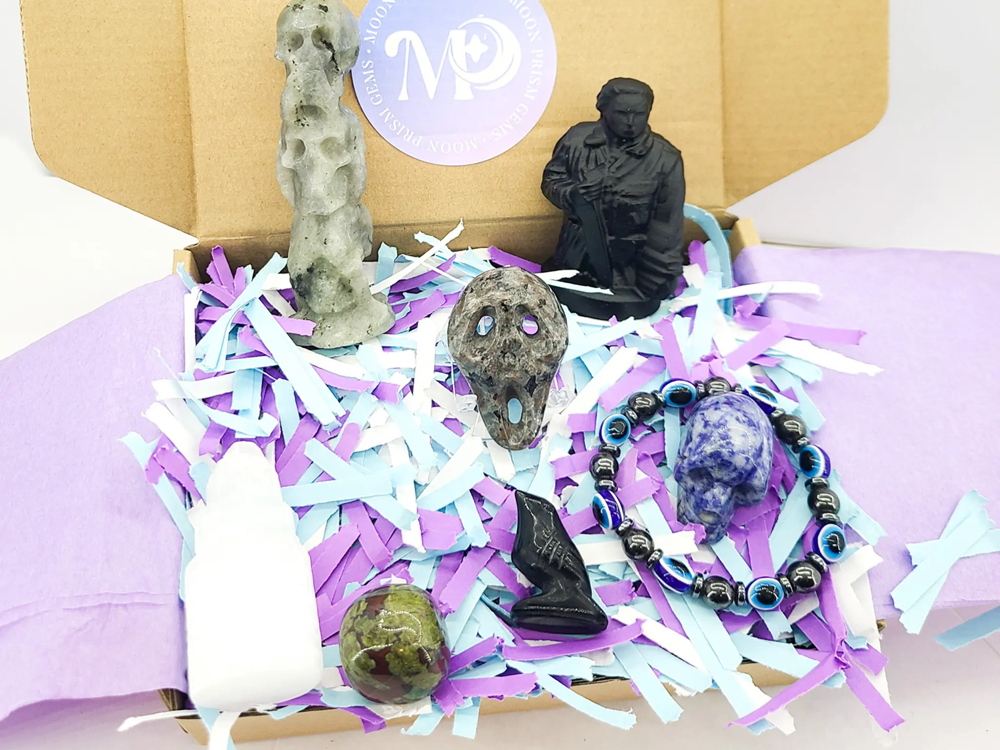 Spooky Crystal Discovery Box | Horror Icon Crystal Carvings | Crystals for Horror Fans, Unique Gift Ideas for Her, Him | Crystals for Love and Healing