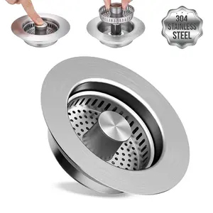 3-in-1 Kitchen Sink Drain Strainer & Stopper, Stainless Steel Food Catcher Plug with Filter Basket, Fits 3-1/2 Inch Drain Hole, Universal Sink Protector Cover, Anti-Clogging