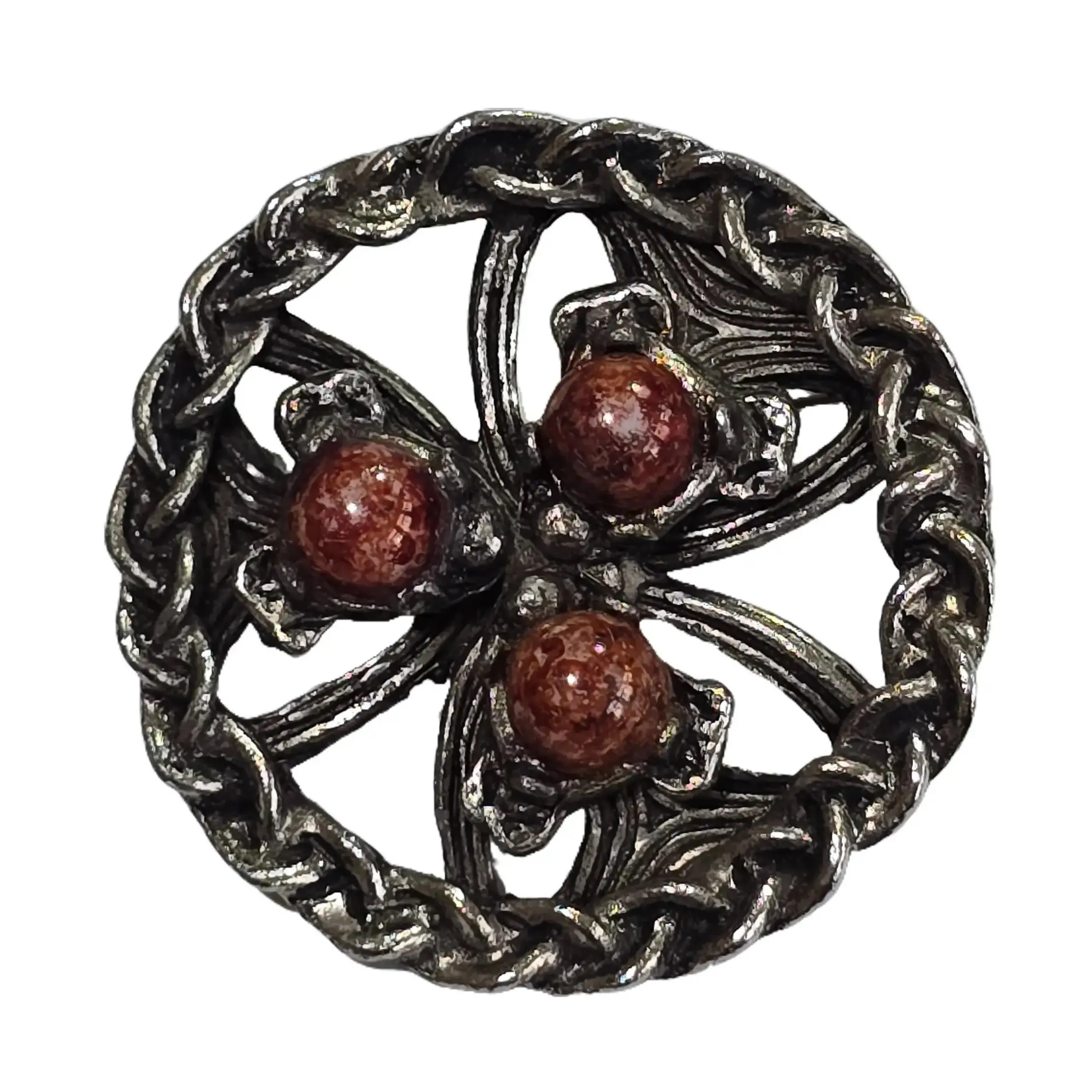Vintage Celtic Knot Style Antiqued Silver Tone Brooch with Polished Mottled Agate Cabochons Estate Jewelry Pin