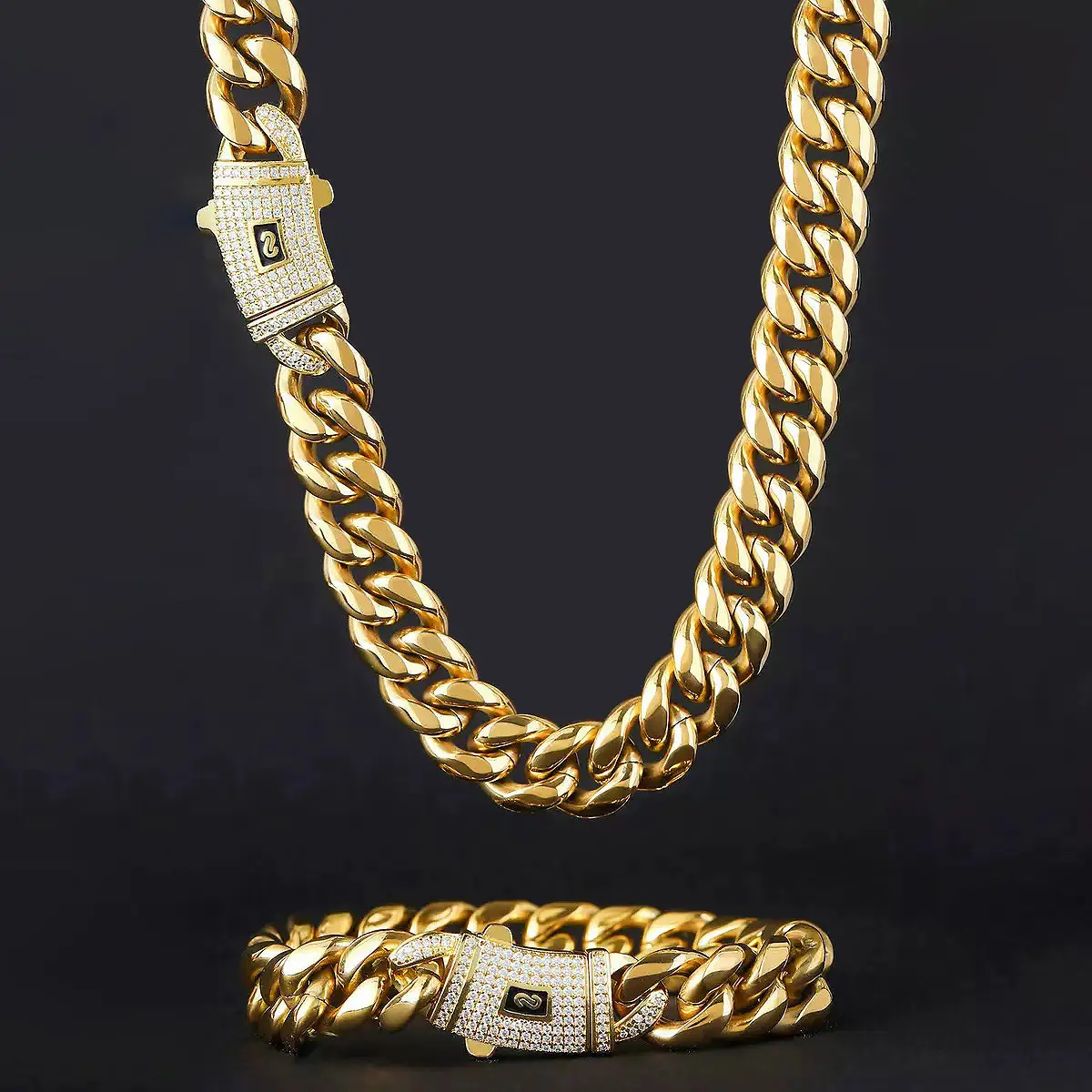 Hip-hop necklace - Cuban chain - Men's necklace - 14K gold necklace - Zirconia bracelet - Titanium steel necklace - Universal for men and women - Trendy accessory Mother's Day gift