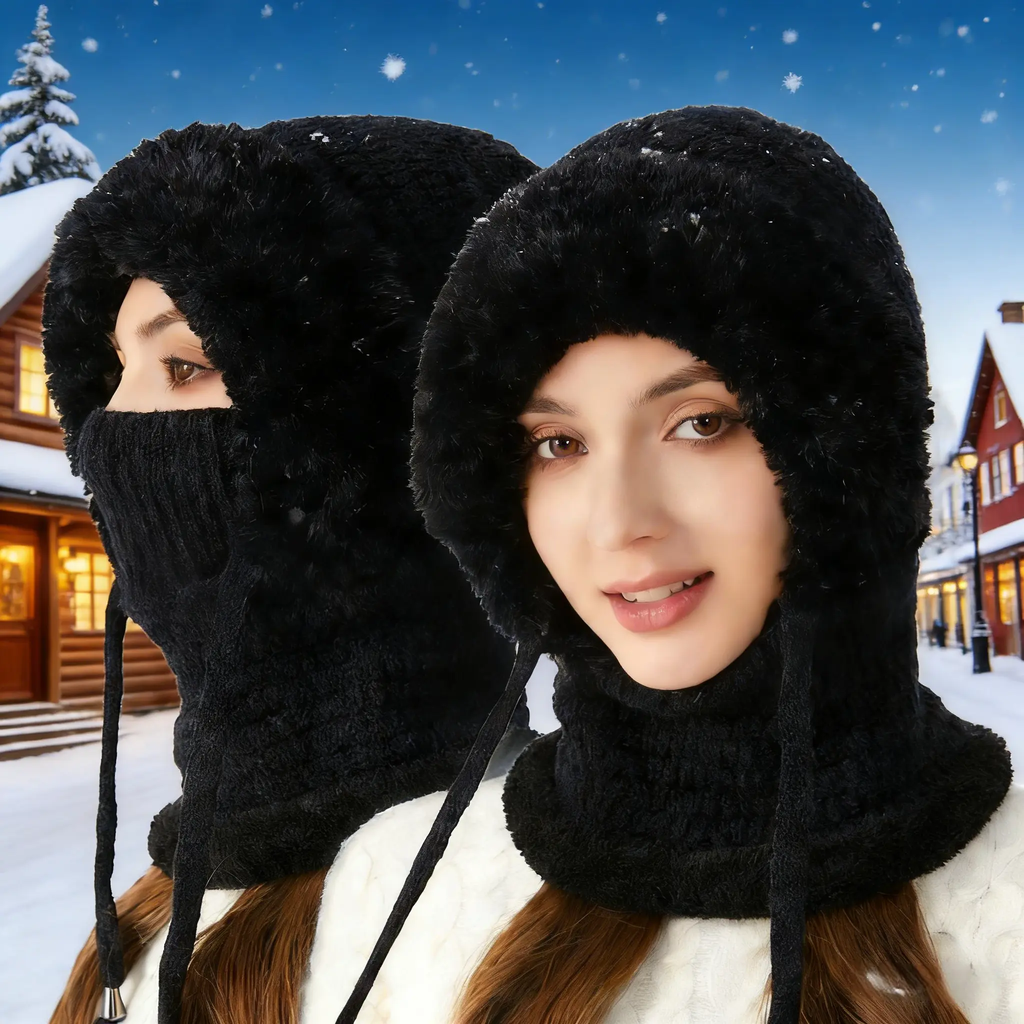 Warm Fuzzy Winter Hat for Women & Men, 3-in-1 Face/Neck/Ear Warmer, Soft Plush Knit Beanie with Solid Color Design, Ideal for Cold Weather Skiing, Snow, and Outdoor Activities, Comfortable Everyday Headwear