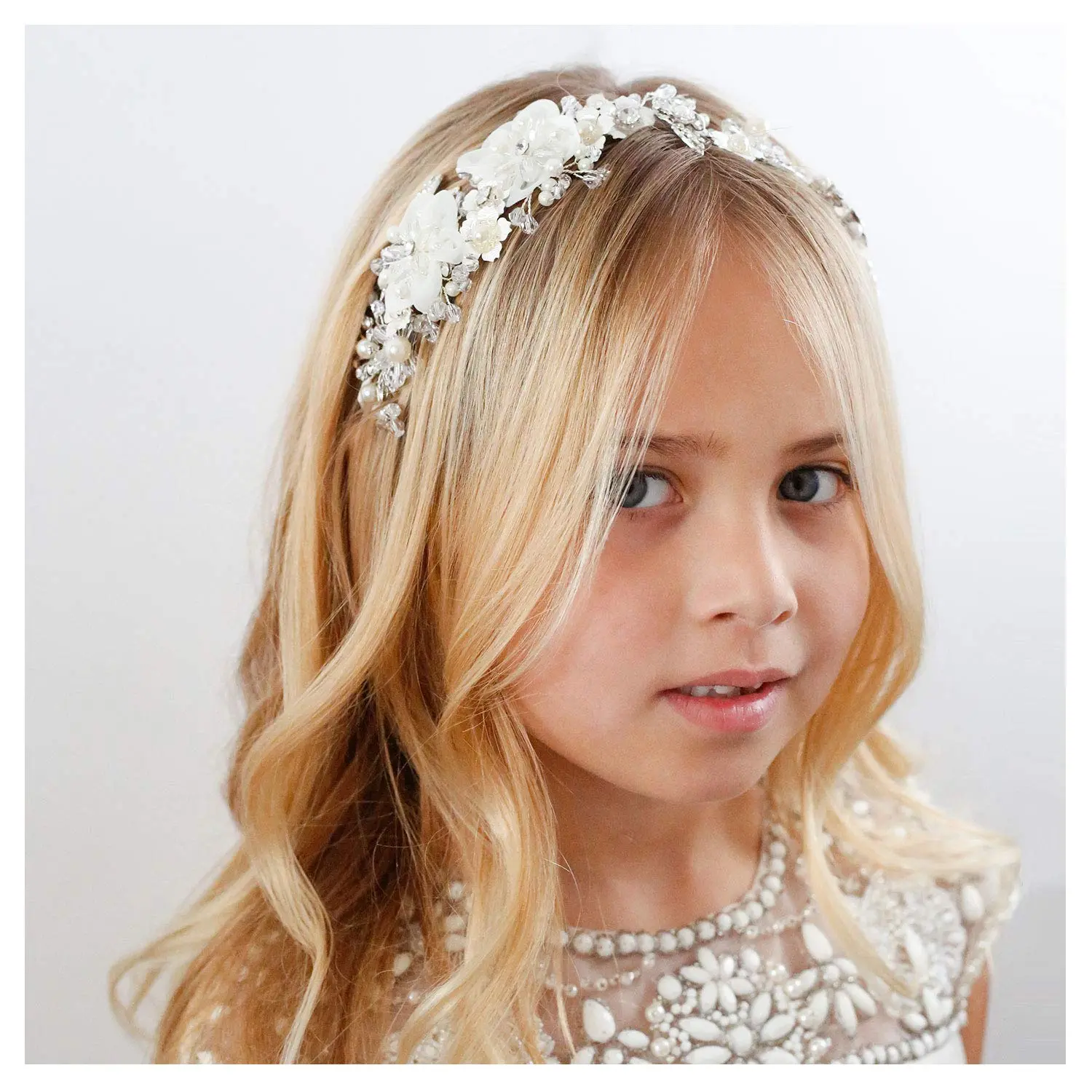 Classic Flower Headpiece for Girls, Cute Free-Style Ivory Tulle & Pearl Hair Accessory with Adjustable Ribbon for Wedding, First Communion
