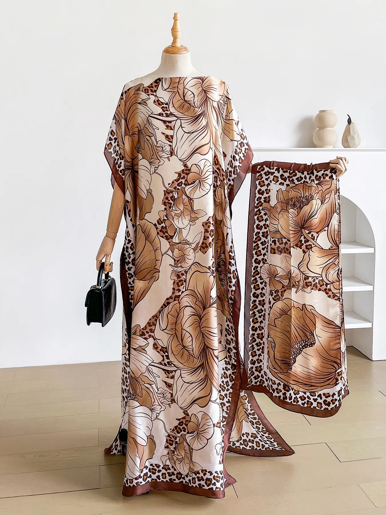 Women's Floral Leopard-Print Shawl Set, Silk Scarf and Matching Headband, Sun-Protection Boho Beachwear Accessory, Boho Style Shawl