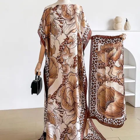 【Black Friday】Women's Floral Leopard Print Shawl Set, Sexy Fitted Shawl, Scarf & Headband, Sun Protection Silk Ribbon, Beachwear Accessory