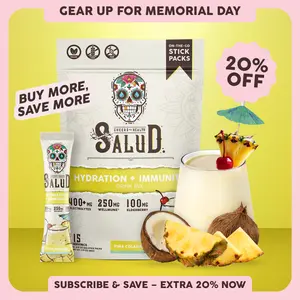 Salud 2-in-1 [Hydration + Immunity - Piña Colada] Electrolytes Powder, Agua Fresca Drink Mix, Elderberry, Dairy & Soy Free, Non-GMO, Gluten Free, Vegan, Low Calorie, 1g Sugar (15 Servings)